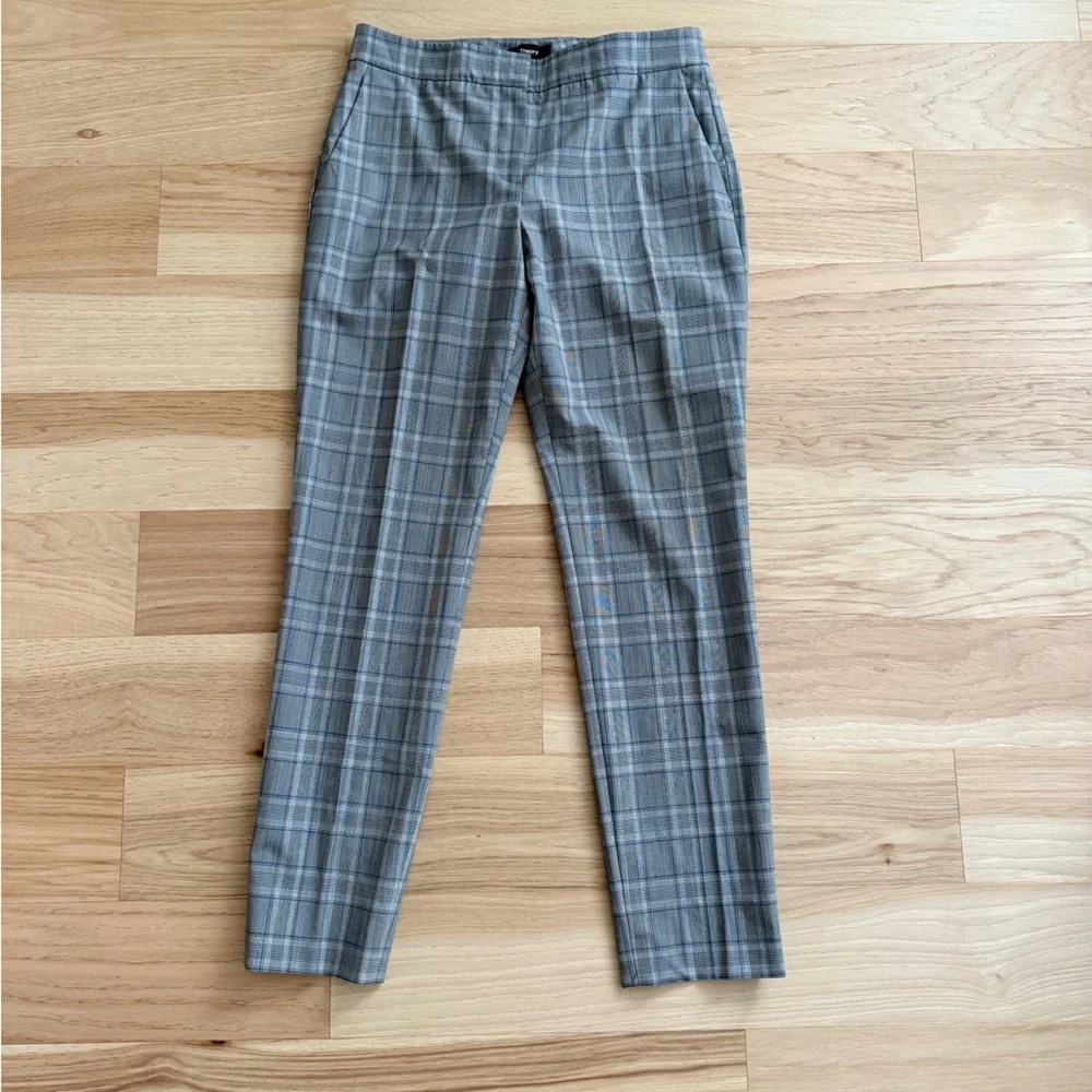 Theory Crop Plaid Grey/ Blue Pants Wool Blend Size 2